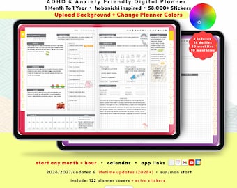 ADHD Hobonichi Digital Planner 2026 2027, GoodNotes iPad Android, Self Care Journal, Brain Dump, Start any Month + Hour, Happy Life Planner