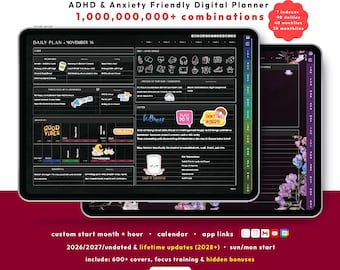 ADHD Dark Digital Planner 2026, Undated: Custom Self-care Daily iPad, GoodNotes, Android, Anxiety Journal