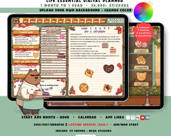 Bear Bake Digital Planner 2026 2027, Kawaii Bakery GoodNotes iPad Android Notability, Undated, Lifetime, Start Any Month, Daily Choose Hour