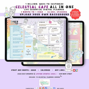 Celestial Cafe Digital Planner Bundle 2026 2027,  Custom Pastel + Coloring, GoodNotes iPad Android, Undated Lifetime, Start Any Month + Hour