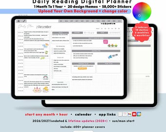 Reading Digital Planner 2026 2027, Book Journal GoodNotes iPad Android, Undated Lifetime, TBR Tracker, Start Any Month + Hour