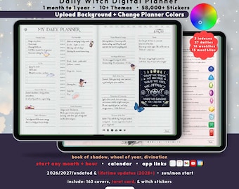 Witch Digital Planner 2026 2027, Wicca Grimoire Book of Shadows, GoodNotes iPad Android, Undated, Lifetime, Daily, Start Any Month + Hour