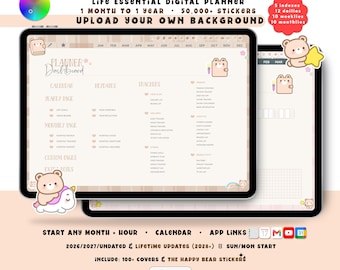 Bear Digital Planner 2026 2027, Kawaii GoodNotes iPad Android, Undated, Lifetime, Start Any Month, Choose Hour, All in One
