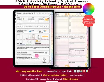 ADHD Digital Planner 2026 2027, GoodNotes iPad Android, Undated, Lifetime, Anxiety Journal, Habit Tracker, Start Any Month, Custom Hour