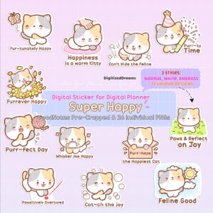 Digitale stickers Happy Kitty Cat: GoodNotes-planner (voorgesneden png-bestand)
