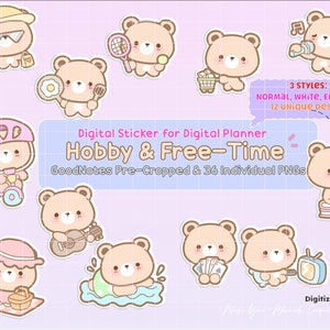 Bear Hobby Digital Stickers Pack, GoodNotes pre-cropped png, digital planner stickers, cute bear digital planner, printable bear stickers