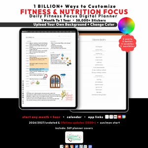 Fitness Nutrition Digital Planner 2026 2027, Undated, iPad GoodNotes Android, Workout Meal Habit Tracker, Custom Start Any Month + hour