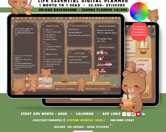 Bear Library Cafe Digital Planner 2026 2027, Dark Landscape GoodNotes iPad Android, Undated, Lifetime, Start Any Month, Daily Choose Hour