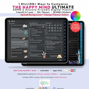 Dark ADHD Digital Planner 2026 2027, GoodNotes iPad Android Notability, Undated, Lifetime, Custom Start Any Month + Hour