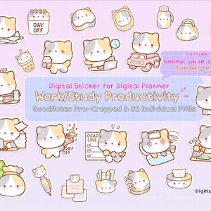 Kitty Digital Sticker pack, Cat GoodNotes pre-cropped png Sticker,  work planner sticker, Cute kawaii kitty planner stickers, ipad stickers