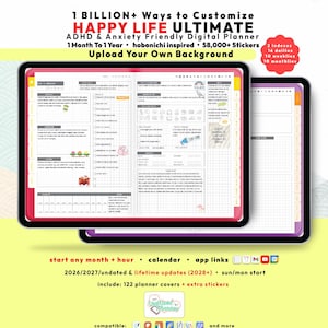ADHD Hobonichi Digital Planner 2026 2027, GoodNotes iPad Android, Self Care Journal, Brain Dump, Start any Month + Hour, Happy Life Planner