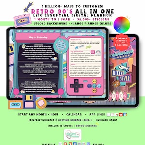 Retro Custom Digital Planner 2026 2027, 90s Landscape GoodNotes iPad Android Notability, Undated, Lifetime, Start Any Month + Hour