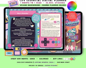 Retro Custom Digital Planner 2026 2027, 90s Landscape GoodNotes iPad Android Notability, Undated, Lifetime, Start Any Month + Hour
