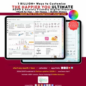 ADHD Custom Digital Planner 2026 2027, Landscape GoodNotes iPad Android Notability, Undated, Lifetime, Micro Habits, Start Any Month + Hour