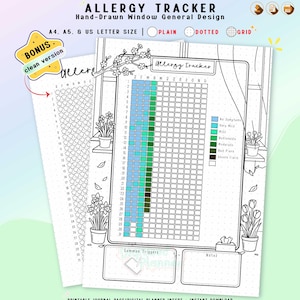 Könnte beinhalten: Eine druckbare Allergie-Tracker-Journalseite mit Fensterdesign. Die Seite enthält ein Diagramm zur Verfolgung von Symptomen mit farbcodierten Schweregraden. Der Text enthält "Allergy Tracker" und "Common Triggers". Erhältlich in A4, A5 und US Letter.