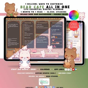 Bear Digital Planner Bundle 2026 2027, Cozy Library Cafe, Dark + Pastel, GoodNotes iPad Android, Undated Lifetime, Start Any Month + Hour