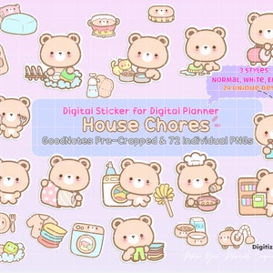 Bear Digital Sticker Pack, GoodNotes pre-cropped png, ipad digital stickers, chores digital planner sticker, kawaii cute teddy bear sticker