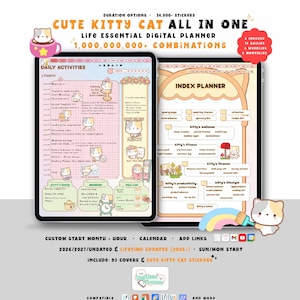 Cat Digital Planner 2026 2027, Kawaii Pastel GoodNotes iPad Android Notability, Undated Lifetime, Start Any Month, Choose Hour, All in One