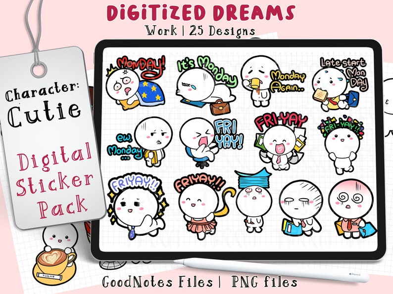 May include: A digital sticker pack featuring a cute cartoon character with different expressions and phrases related to work and the days of the week. The stickers include phrases like "Monday Again", "Fri Yay", and "Late Start Mon Day".