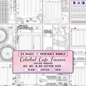 May include: A 54-page printable Celestial Cafe Finance journal bundle featuring undated financial tracking templates with cafe-themed illustrations, including savings trackers, income logs, and expense sheets in A4, A5, and US Letter sizes.