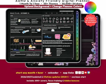 Custom Dark ADHD Digital Planner 2026 2027, GoodNotes iPad Android Notability, Undated, Lifetime, Anxiety Journal, Start Any Month + Hour