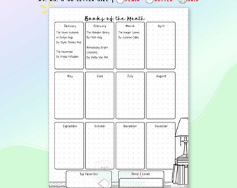 Book of the Month Printable, Read Journal, Reading Digital Planner Template, Bullet Journal Page Insert