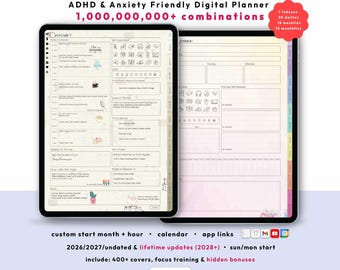 ADHD Digital Planner  2026, Undated, lifetime, daily anxiety journal, lifetime, customizable, GoodNotes iPad, Android