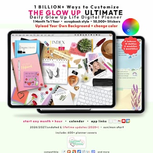 Glow Up Digital Planner 2026 2027, Scrapbook GoodNotes iPad Android, Undated Lifetime, Personal Growth, Daily Start Any Month + Hour
