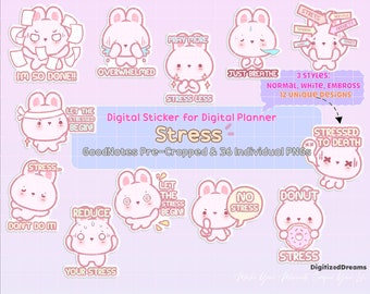 Stress Bunny Digital Sticker Pack, stress goodnotes stickers, anxiety planner sticker, printable mental health sticker, cute bunny stickers