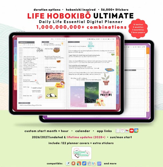 Hobonichi Digital Planner 2026 2027, GoodNotes Notability iPad Android, Undated, Lifetime, Start Any Month, Custom Hour