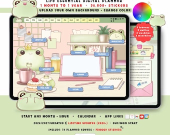 Frog Digital Planner 2026 2027, Kawaii GoodNotes iPad Android, Undated Lifetime, Start Any Month, Choose Hour, All in One