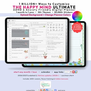ADHD Digital Planner 2026 2027, Happy Mind Wellness Journal, GoodNotes iPad Android Notability, Undated, Lifetime, Start Any Month + Hour