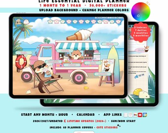 Beach Digital Planner 2026 2027, Custom Otter Seaside Cafe Blue, GoodNotes iPad Android, Undated, Lifetime, Start Any Month, Choose Hour