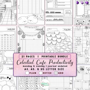 Productivity Printable Planner Inserts, Bullet Journal Pages Bundle, Celestial Café, Bujo Templates, A4 A5 US Letter PDF, Coloring Planner