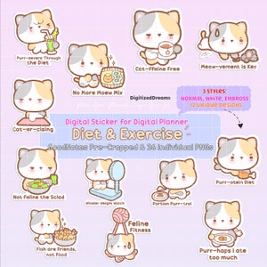 Diet Kitty Cat Digital Sticker Pack, kitty GoodNotes Stickers, kitty healthy digital planner sticker, fitness gym printable planner sticker