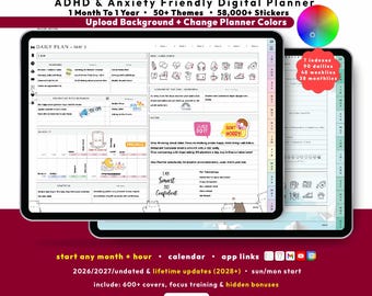 ADHD Custom Digital Planner 2026 2027, Landscape GoodNotes iPad Android Notability, Undated, Lifetime, Micro Habits, Start Any Month + Hour