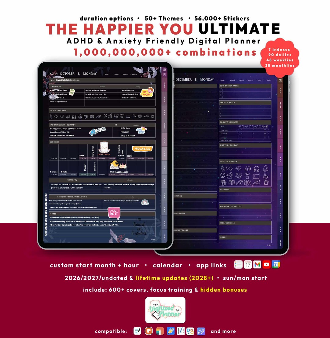 Dark ADHD Digital Planner 2026, Undated, Custom iPad & Android ...