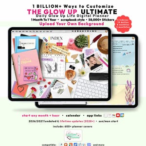 Glow Up Digital Planner 2026 2027, Scrapbook GoodNotes iPad Android, Undated Lifetime, Personal Growth, Daily Start Any Month + Hour