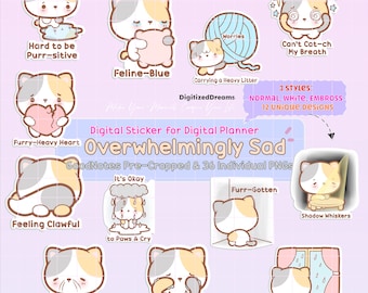 May include: A set of 12 digital planner stickers featuring cute cartoon cats with various expressions and sayings. The stickers are designed in three styles: normal, white, and embossed. The stickers are pre-cropped and come in 36 individual PNG files.
