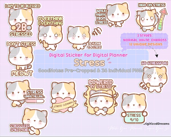 Stressed Kitty Cat Digital Stickers, Anxiety Planner, GoodNotes (PNG)