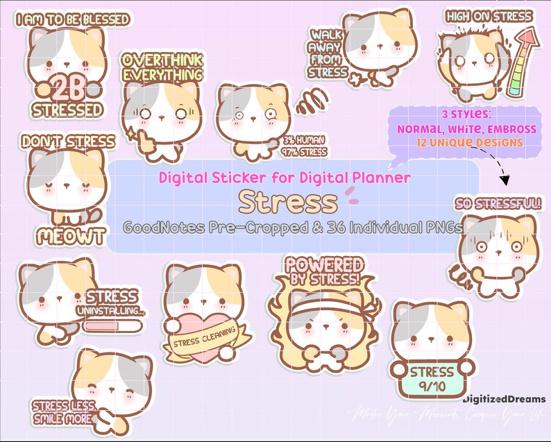 Stressful kitty cat Digital Sticker Pack, cat goodnotes stickers, anxiety planner sticker, printable mental health sticker, cute cat sticker