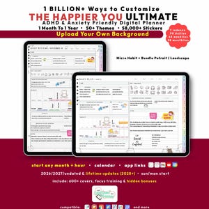 Custom ADHD Digital Planner 2026 2027, GoodNotes iPad Android Bundle, Undated, Lifetime, Anxiety Journal, Habit Goal, Start Any Month + Hour