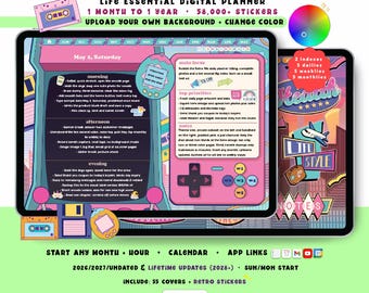 Retro Custom Digital Planner 2026 2027, 90s Landscape GoodNotes iPad Android Notability, Undated, Lifetime, Start Any Month + Hour