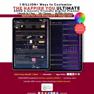 Dark ADHD Digital Planner 2026 2027, GoodNotes iPad Android, Undated, Lifetime, Micro Habit Tracker, Start Any Month + Hour