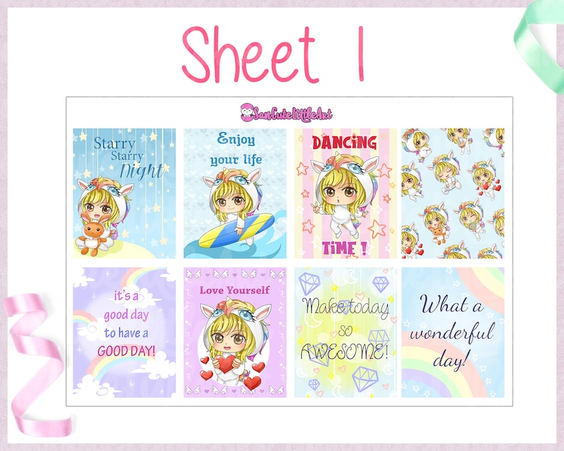 4 sheets mini weekly set for Erin Condren Planner Planner sticker weekly kit Cute chibi girl Unicorn weekly planner sticker Unicorn
