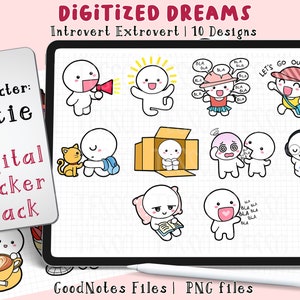 May include: A digital sticker pack featuring 10 cute cartoon characters with different expressions. The characters are white with black outlines and are in various poses, such as holding a megaphone, reading a book, and listening to music. The sticker pack is labeled "Cutie" and "Digital Sticker Pack".
