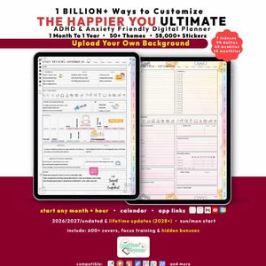 ADHD Digital Planner 2026 2027, GoodNotes iPad Android, Undated, Lifetime, Anxiety Journal, Habit Tracker, Start Any Month, Custom Hour