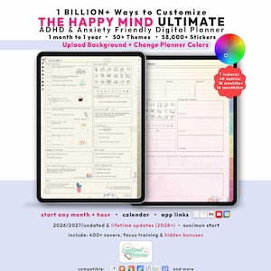 Custom ADHD Digital Planner 2026 2027, GoodNotes iPad Android Notability, Undated, Lifetime, Anxiety Journal, Start Any Month + Hour