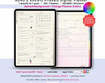 Custom ADHD Digital Planner 2026 2027, GoodNotes iPad Android Notability, Undated, Lifetime, Anxiety Journal, Start Any Month + Hour