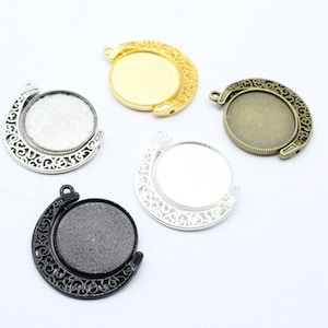 Drehen doppelseitige Anhänger Rohling - Mond Lünette Cabochon Einstellung - Anhänger Tablett Rohling - 25mm Runde Glas Einstellung - Cameo Einstellungen